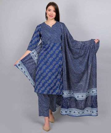 Blue Bandhani Pure Cotton Straight Feeding Kurta Set with Dupatta