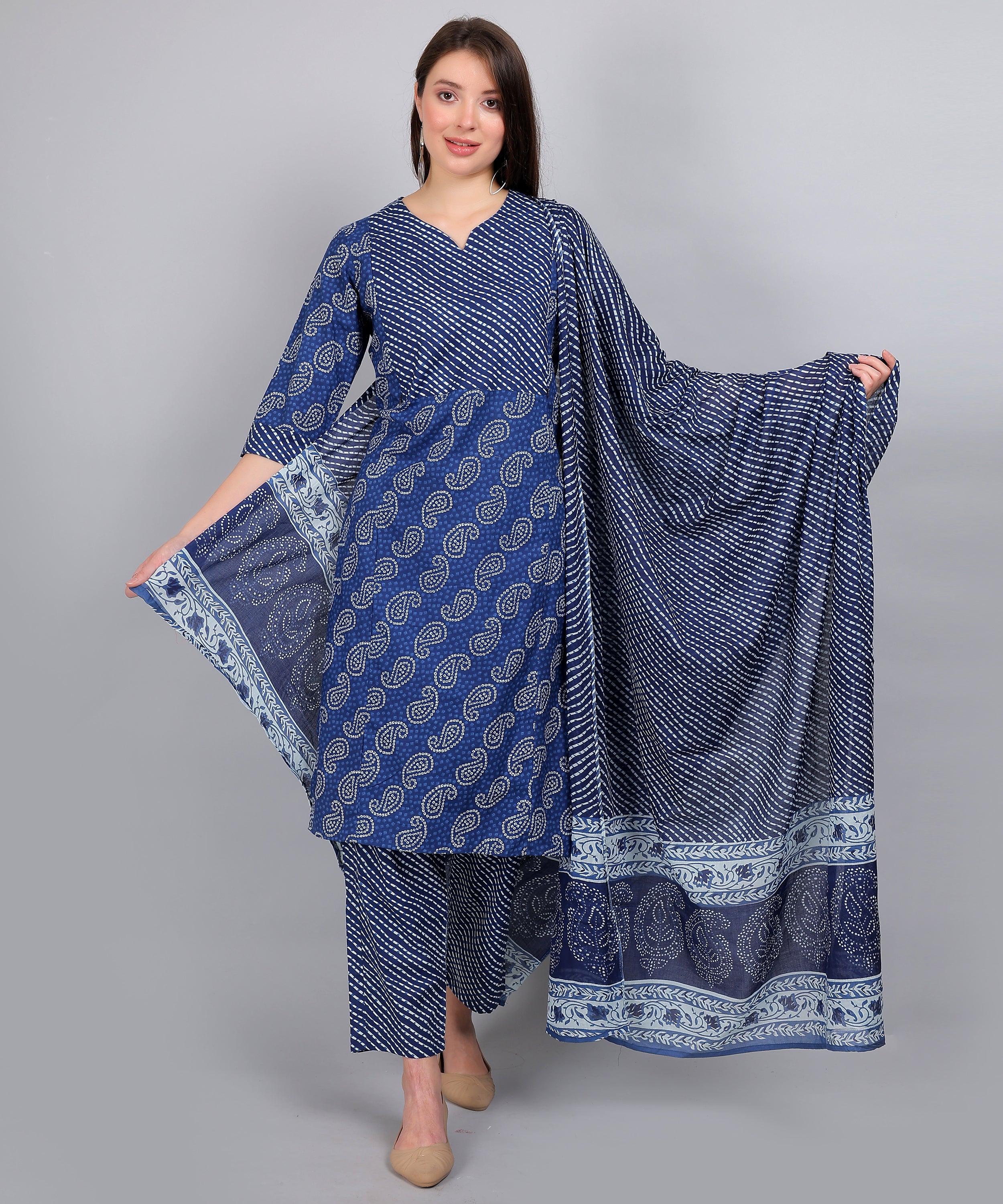 Blue-Bandhani-PureCotton-Straight-Feeding-KurtaSet-Dupatta