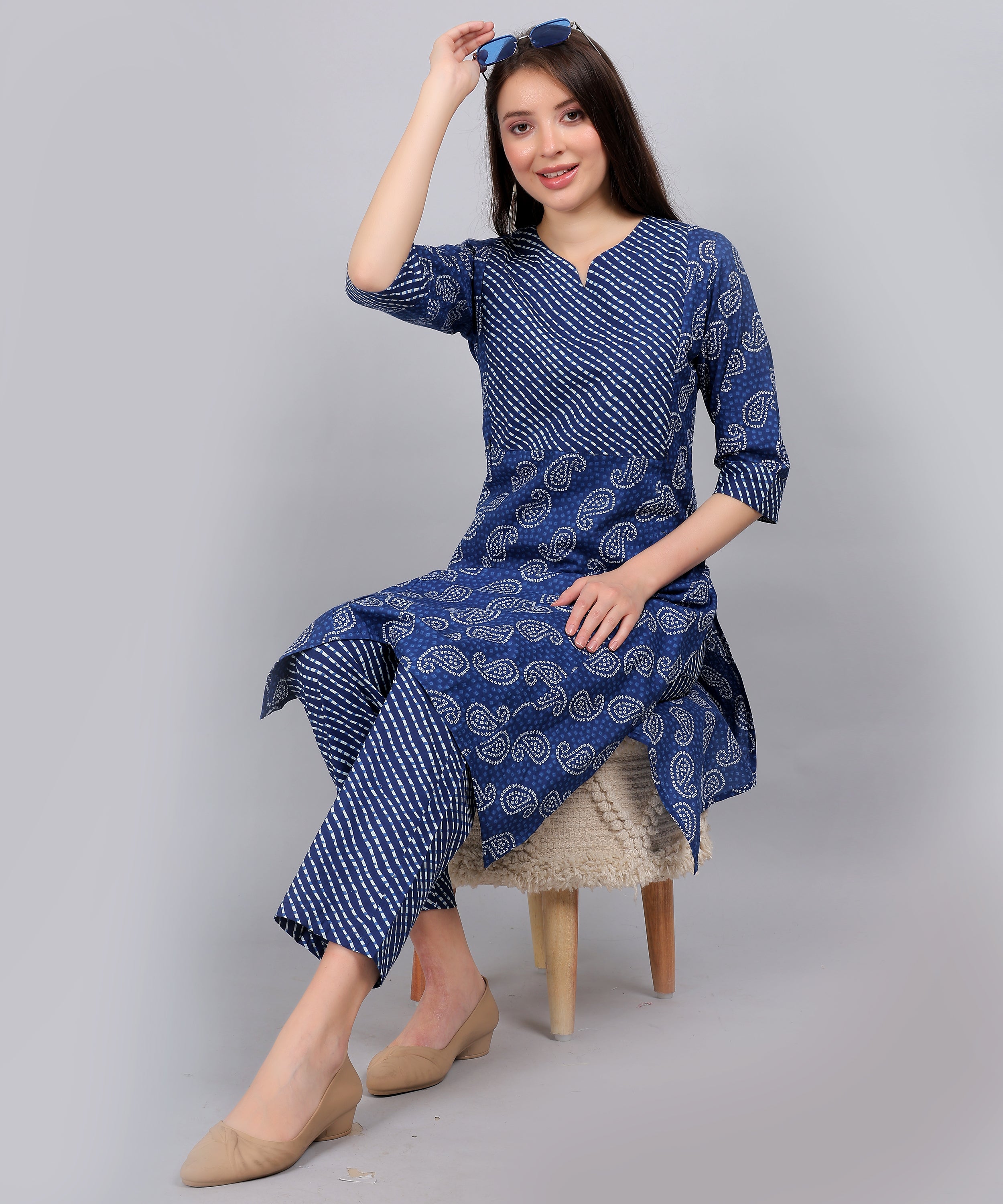 Blue-Bandhani-PureCotton-Straight-Feeding-KurtaSet-Dupatta