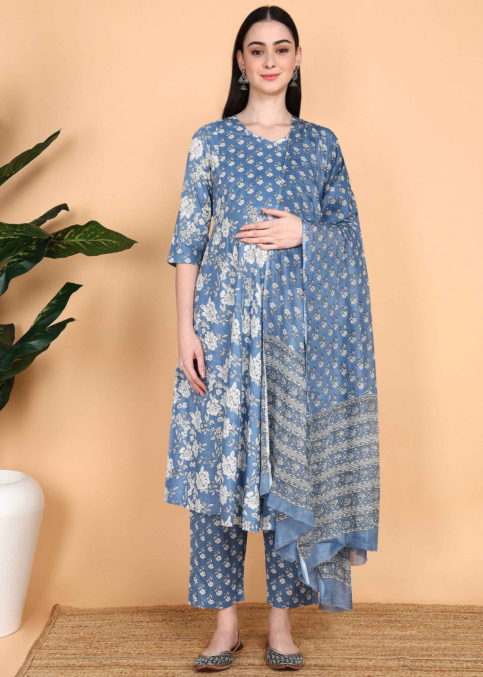 Blue Maternity and Feeding Kurta Set with Dupatta