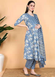 Blue Maternity and Feeding Kurta Set with Dupatta