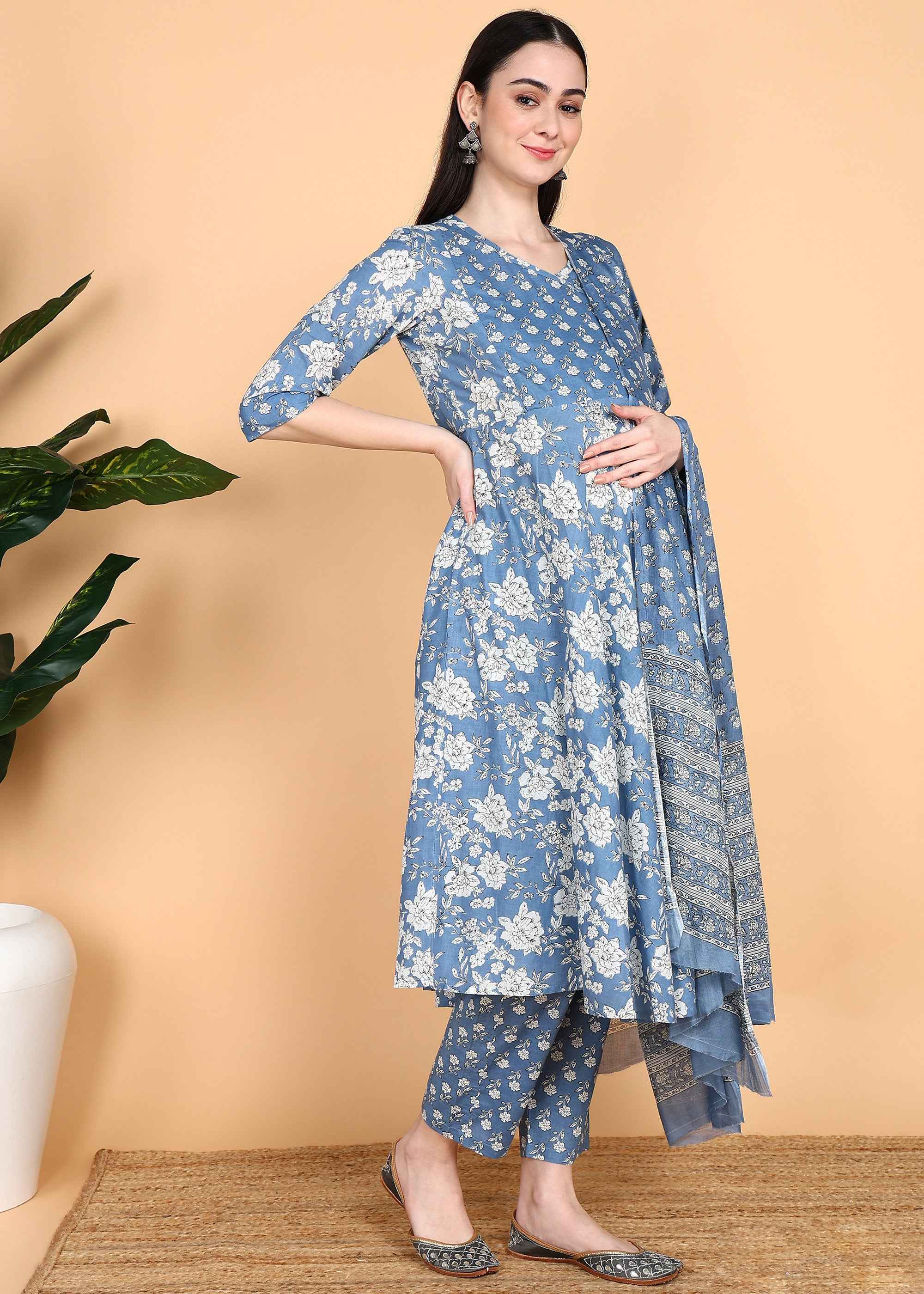 Blue Maternity and Feeding Kurta Set with Dupatta