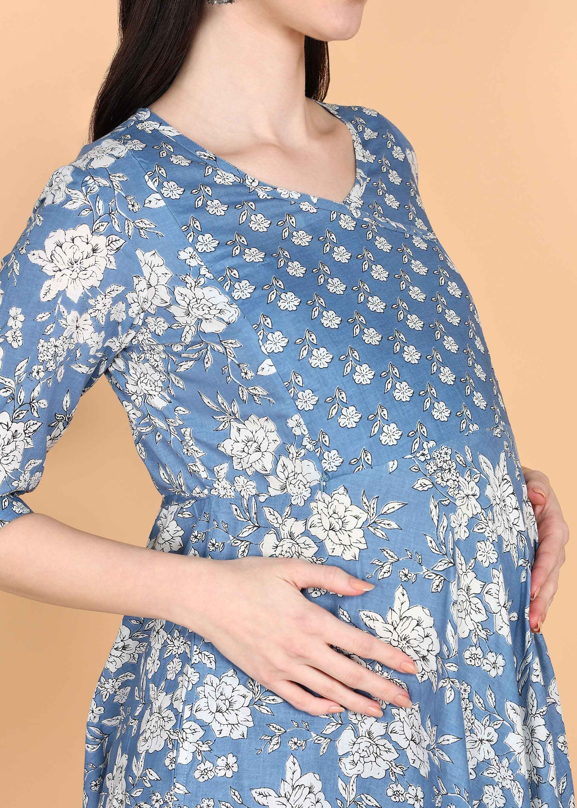 Blue Maternity and Feeding Kurta Set with Dupatta