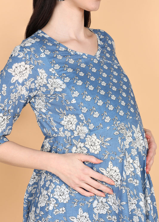 Blue-Floral-Maternity-Feeding-KurtaSet-Dupatta