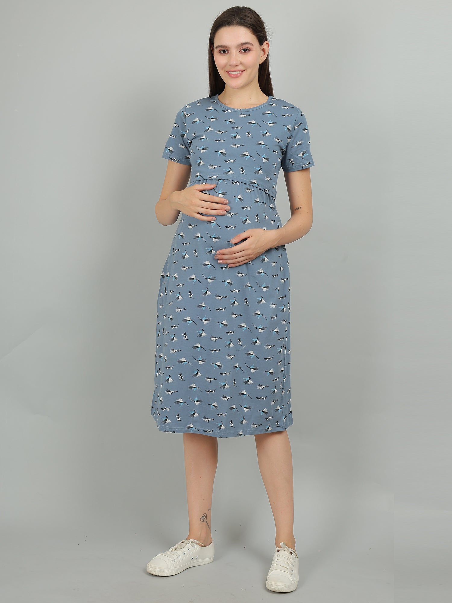 Blue-KnittedCotton-Maternity-Loungewear-Dress