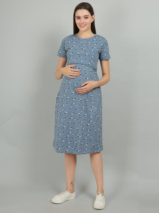 Blue-KnittedCotton-Maternity-Loungewear-Dress