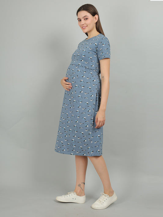 Blue-KnittedCotton-Maternity-Loungewear-Dress