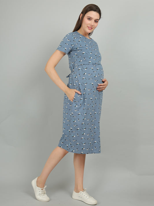 Blue-KnittedCotton-Maternity-Loungewear-Dress