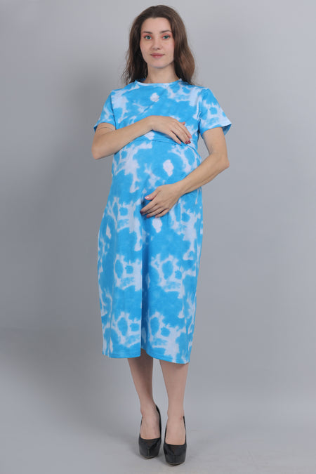 Blue-TieDye-Knitted-Cotton-Maternity-Loungewear-Dress