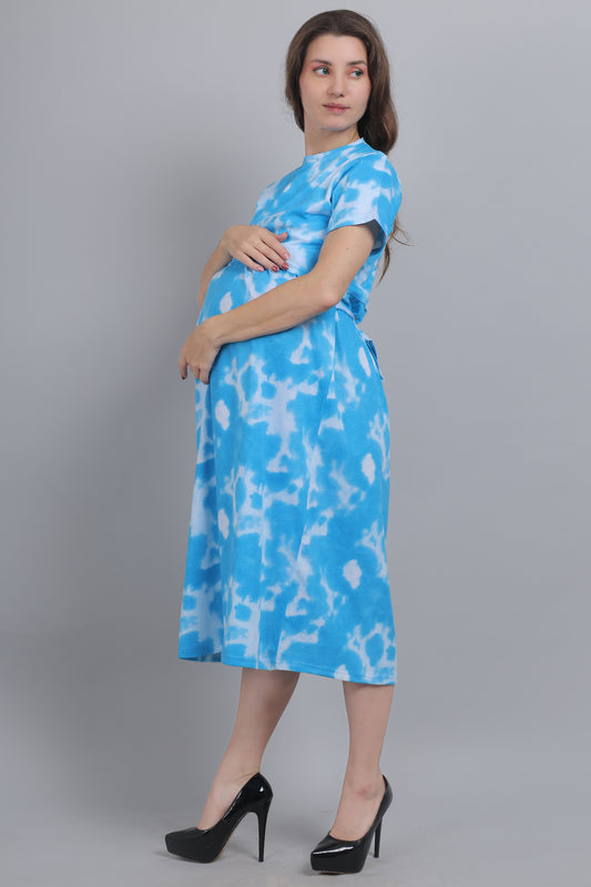 Blue-TieDye-Knitted-Cotton-Maternity-Loungewear-Dress