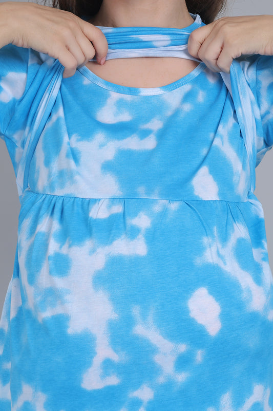 Blue-TieDye-Knitted-Cotton-Maternity-Loungewear-Dress