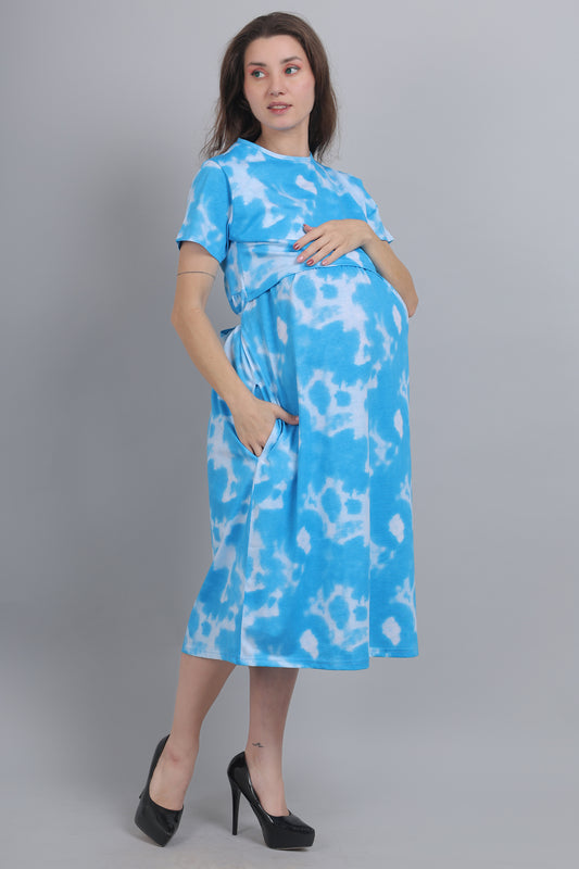 Blue-TieDye-Knitted-Cotton-Maternity-Loungewear-Dress