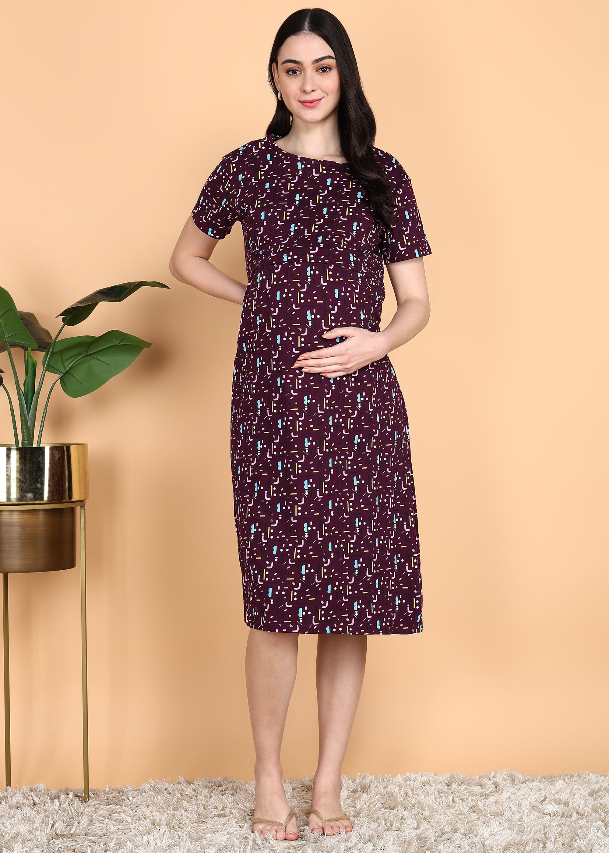 Burgundy-KnittedCotton-Maternity-Loungewear-Dress