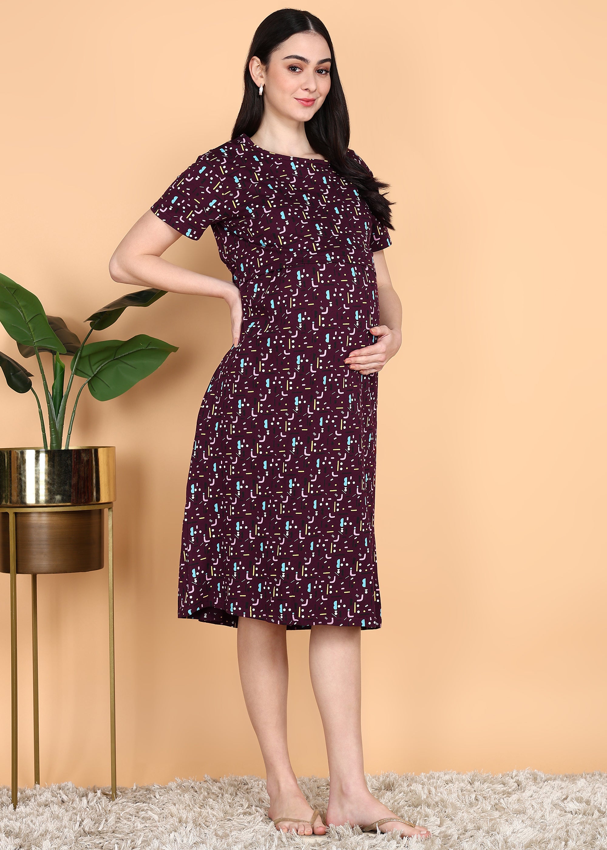 Burgundy-KnittedCotton-Maternity-Loungewear-Dress