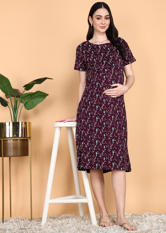 Burgundy-KnittedCotton-Maternity-Loungewear-Dress