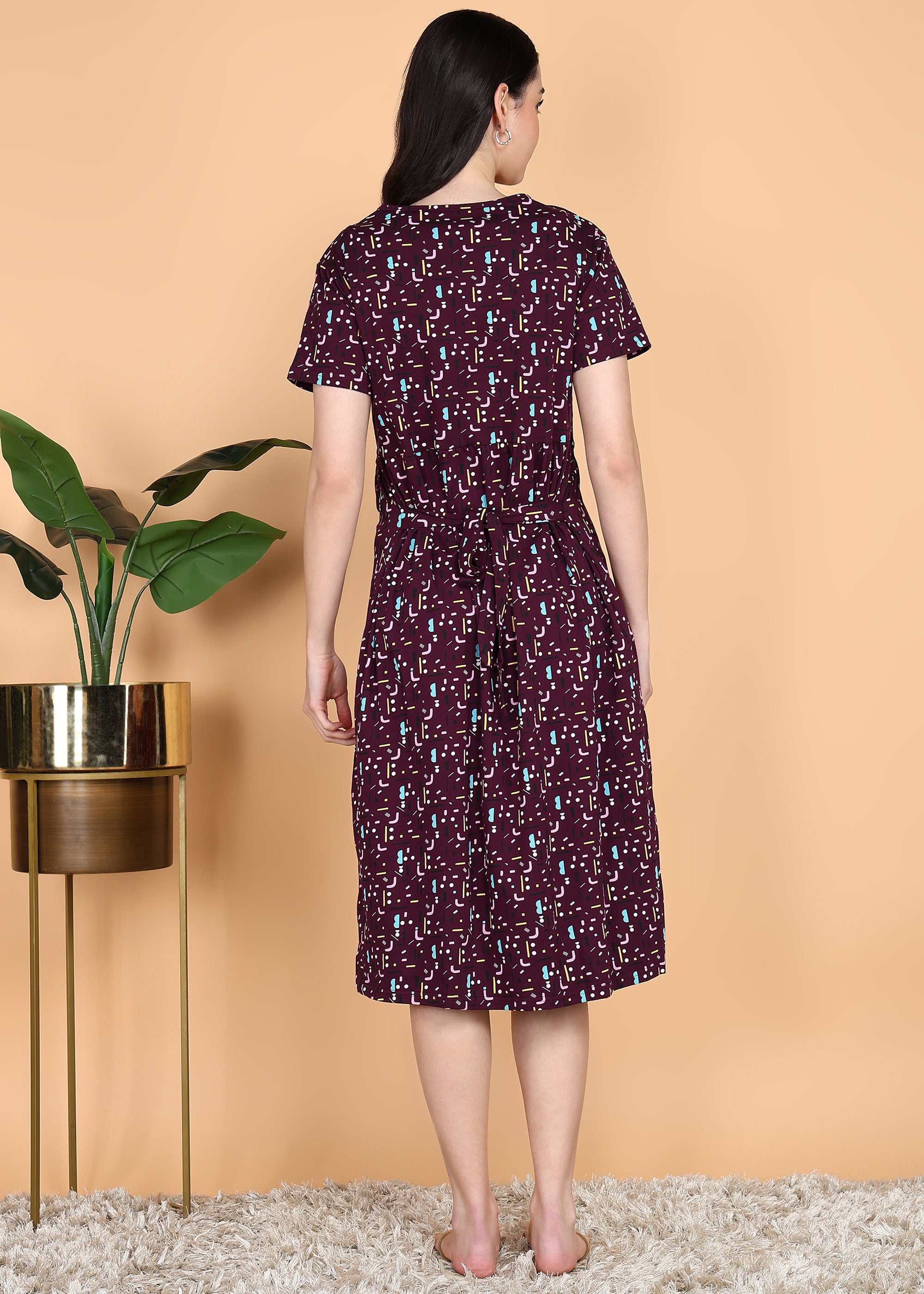 Burgundy-KnittedCotton-Maternity-Loungewear-Dress