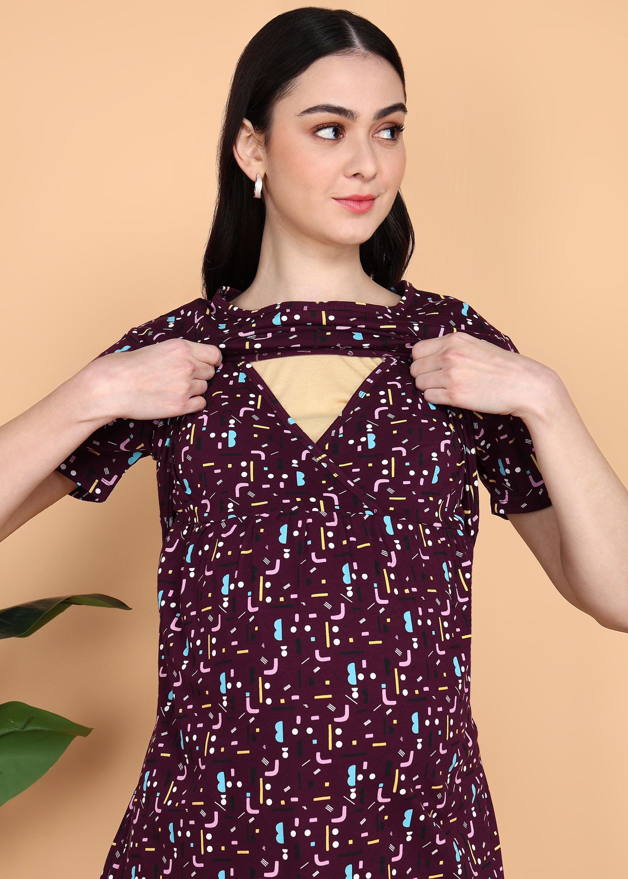 Burgundy-KnittedCotton-Maternity-Loungewear-Dress