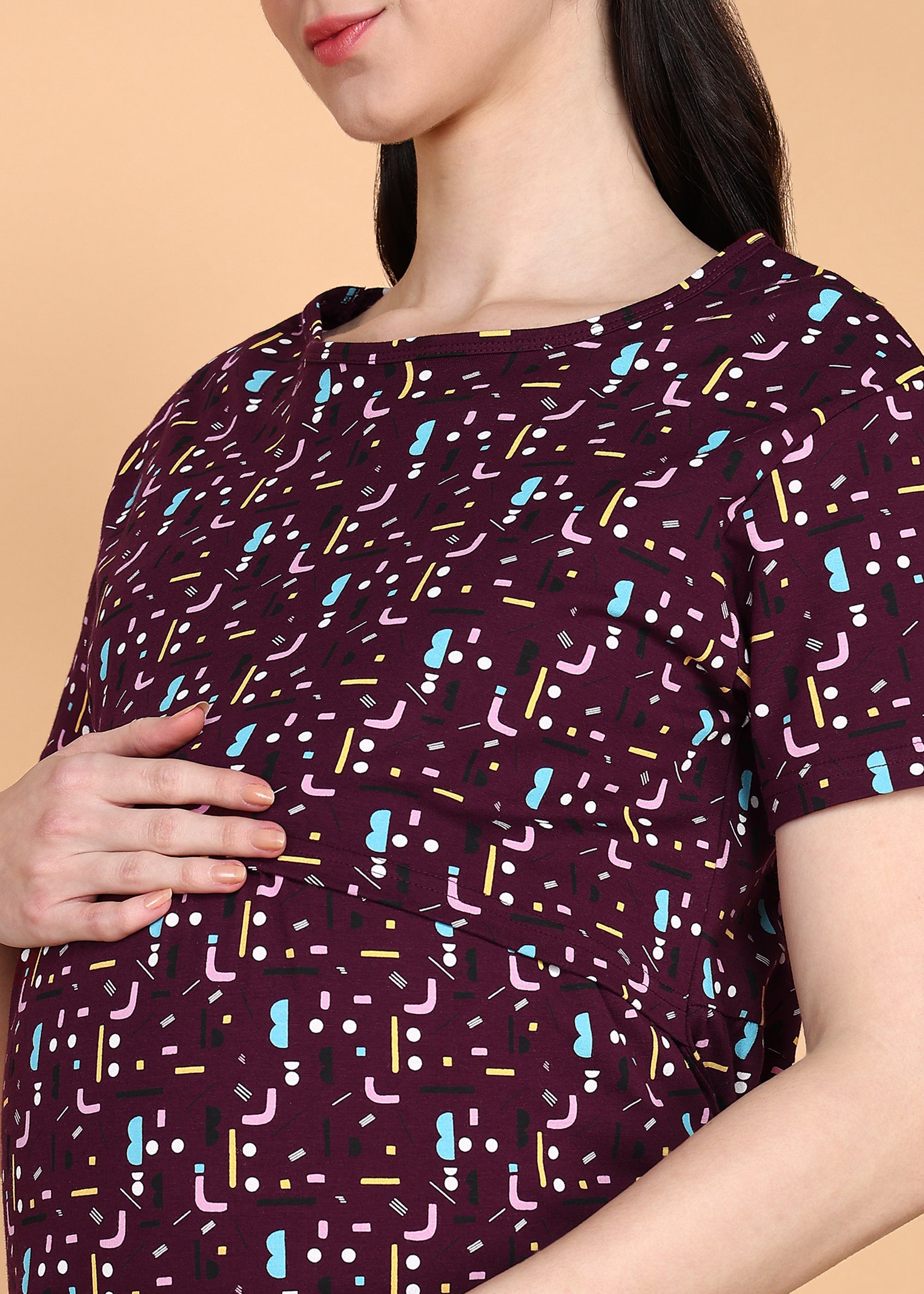 Burgundy-KnittedCotton-Maternity-Loungewear-Dress