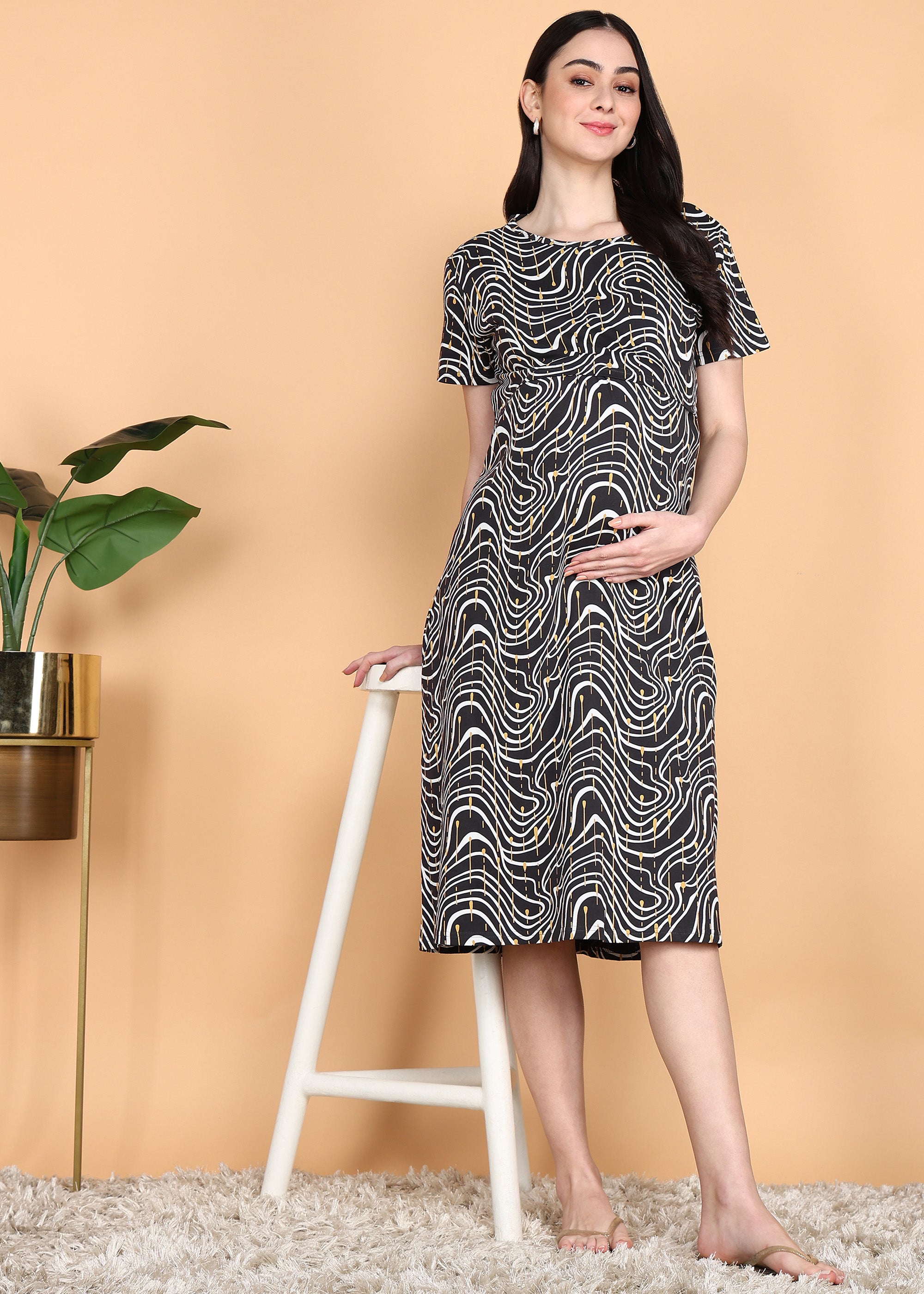 Charcoal-KnittedCotton-Maternity-Loungewear-Dress
