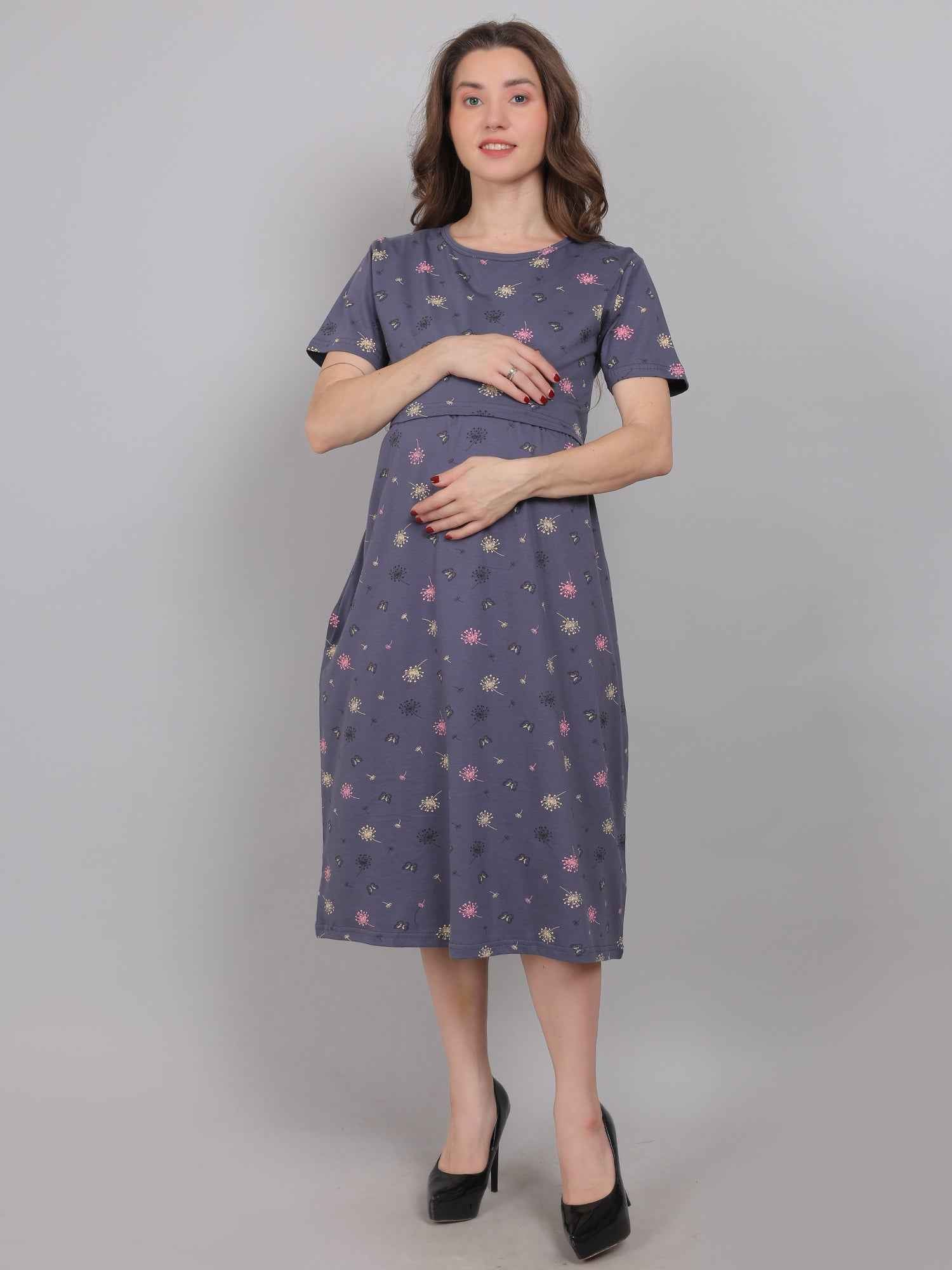 Charcoal Grey Knitted Cotton Maternity Loungewear Dress