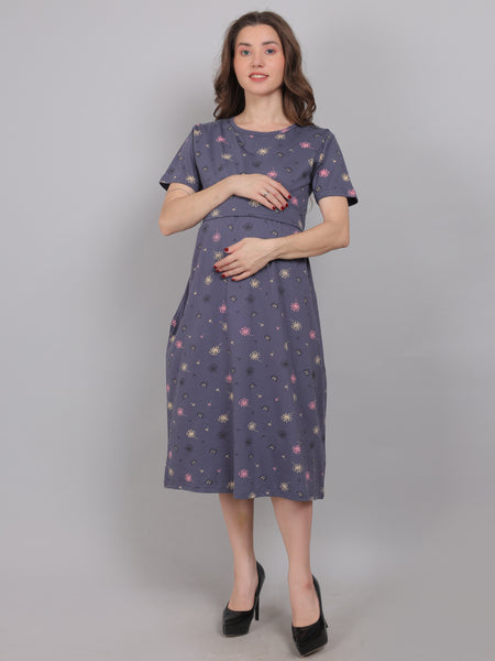 CharcoalGrey-KnittedCotton-Maternity-Loungewear-Dress