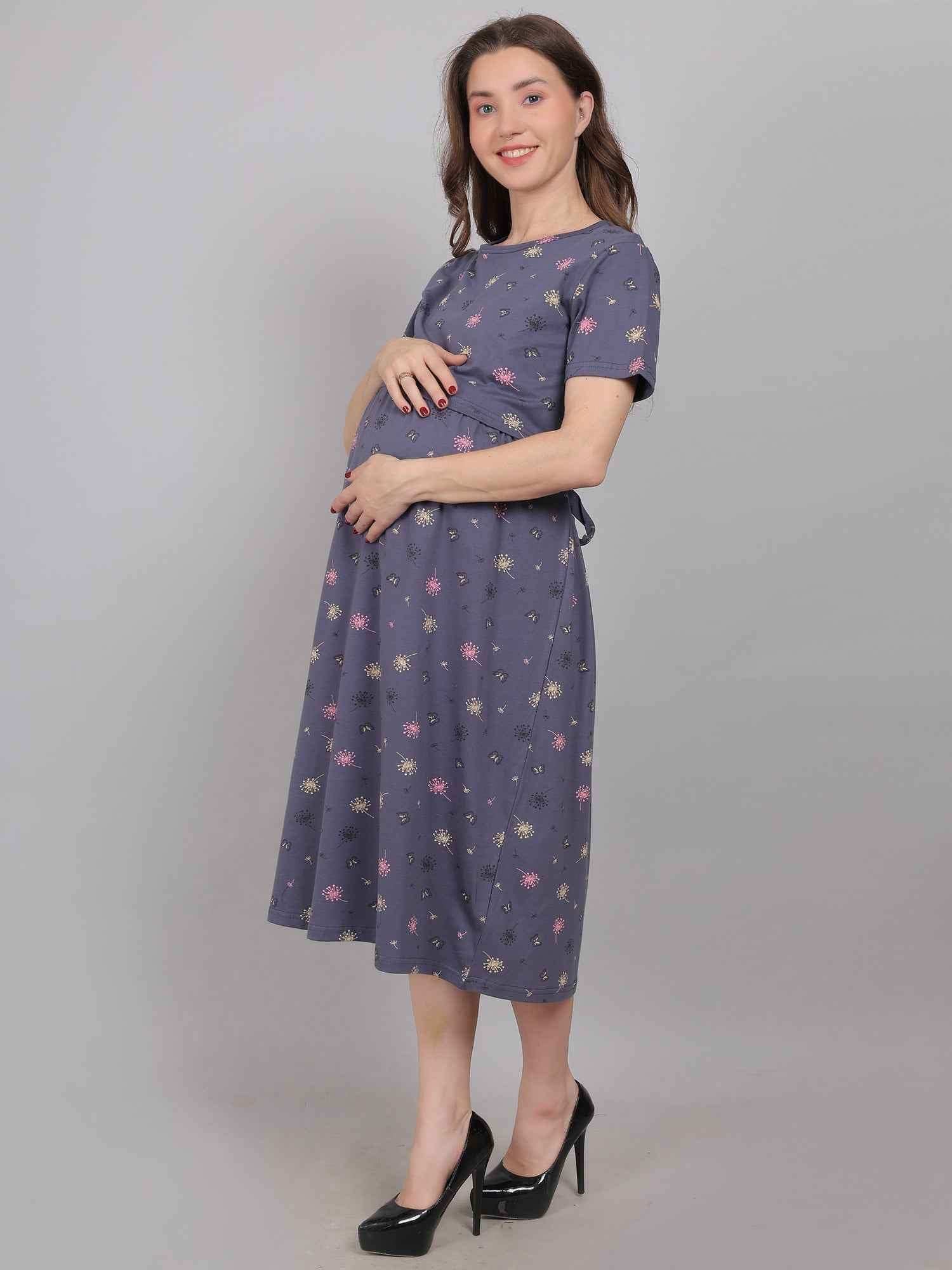 Charcoal Grey Knitted Cotton Maternity Loungewear Dress
