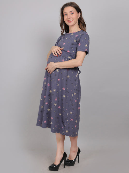 CharcoalGrey-KnittedCotton-Maternity-Loungewear-Dress