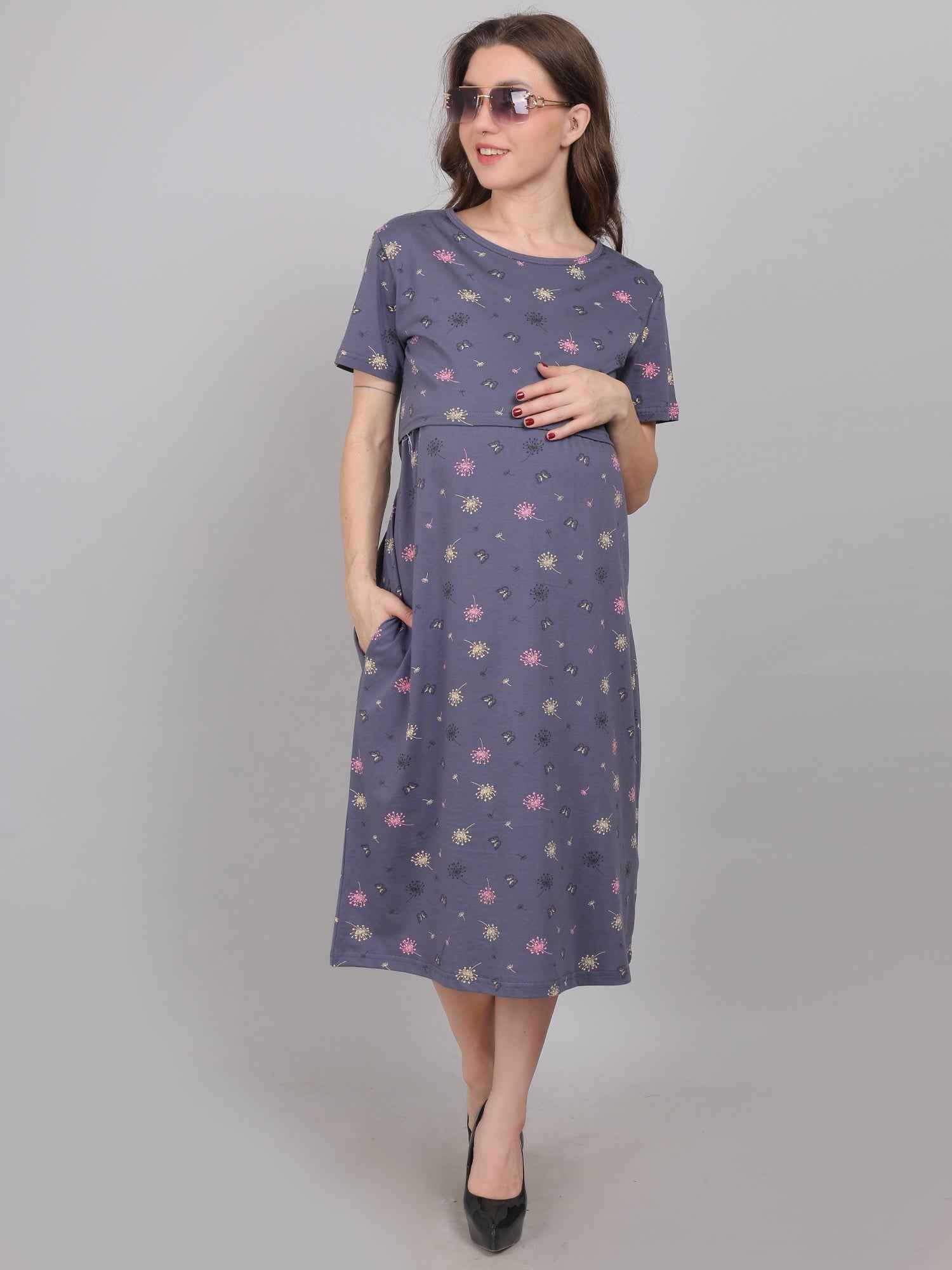 Charcoal Grey Knitted Cotton Maternity Loungewear Dress