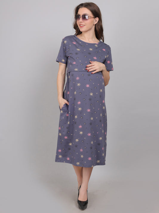 CharcoalGrey-KnittedCotton-Maternity-Loungewear-Dress