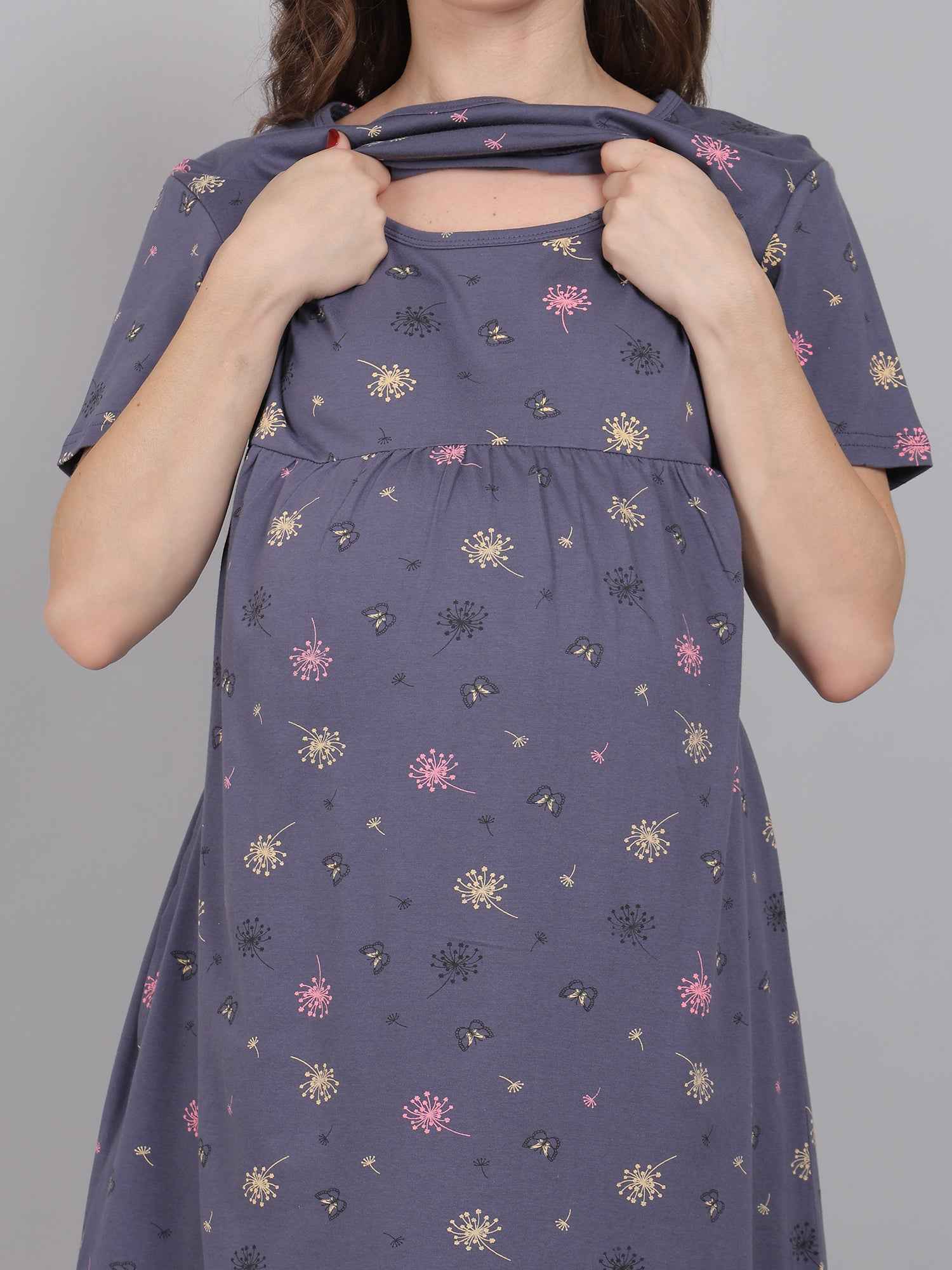 Charcoal Grey Knitted Cotton Maternity Loungewear Dress