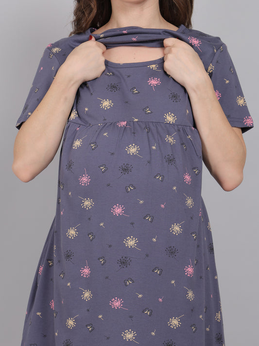 CharcoalGrey-KnittedCotton-Maternity-Loungewear-Dress