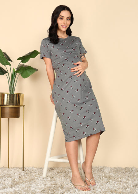 DarkGrey-KnittedCotton-Maternity-Loungewear-Dress