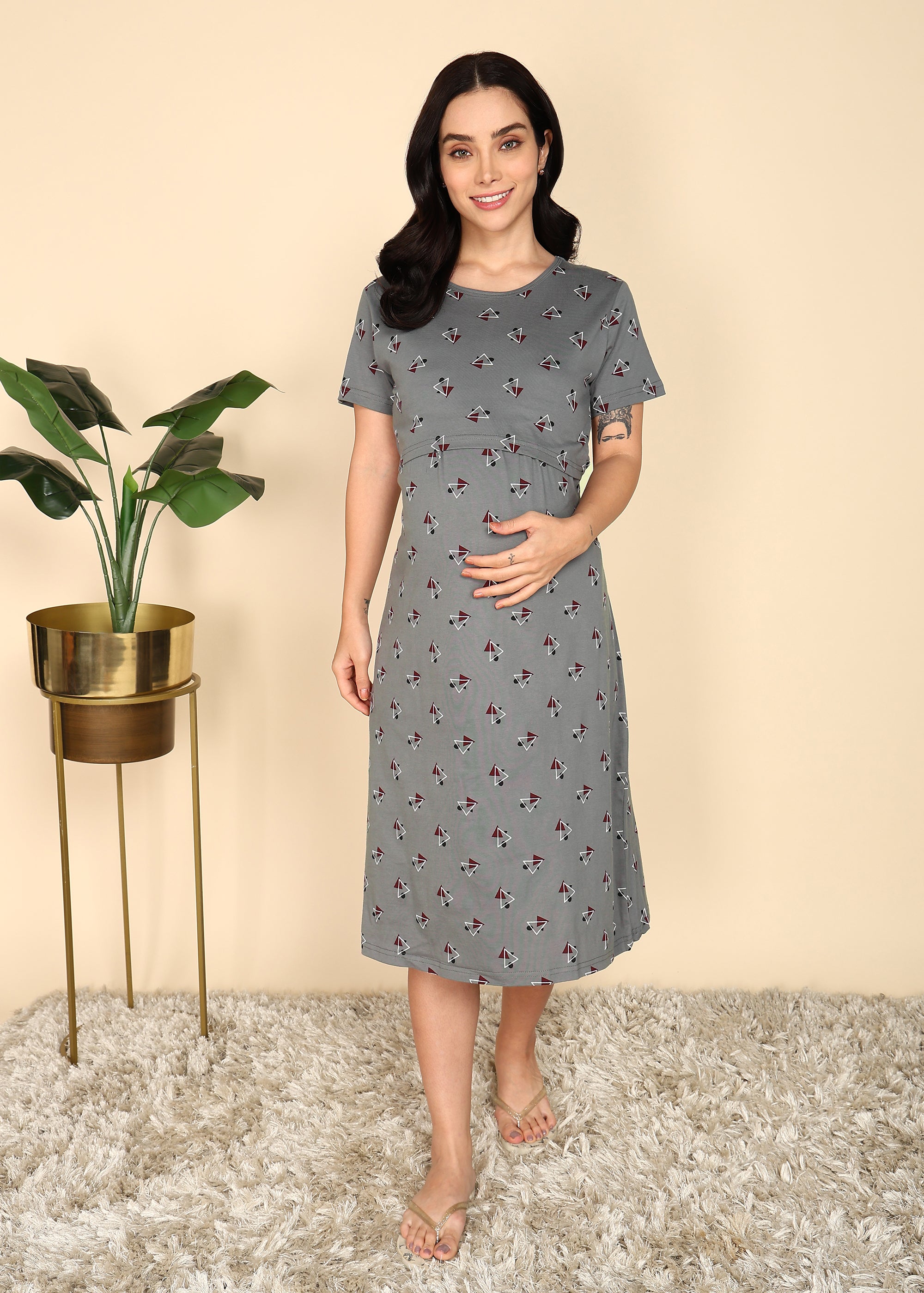 DarkGrey-KnittedCotton-Maternity-Loungewear-Dress