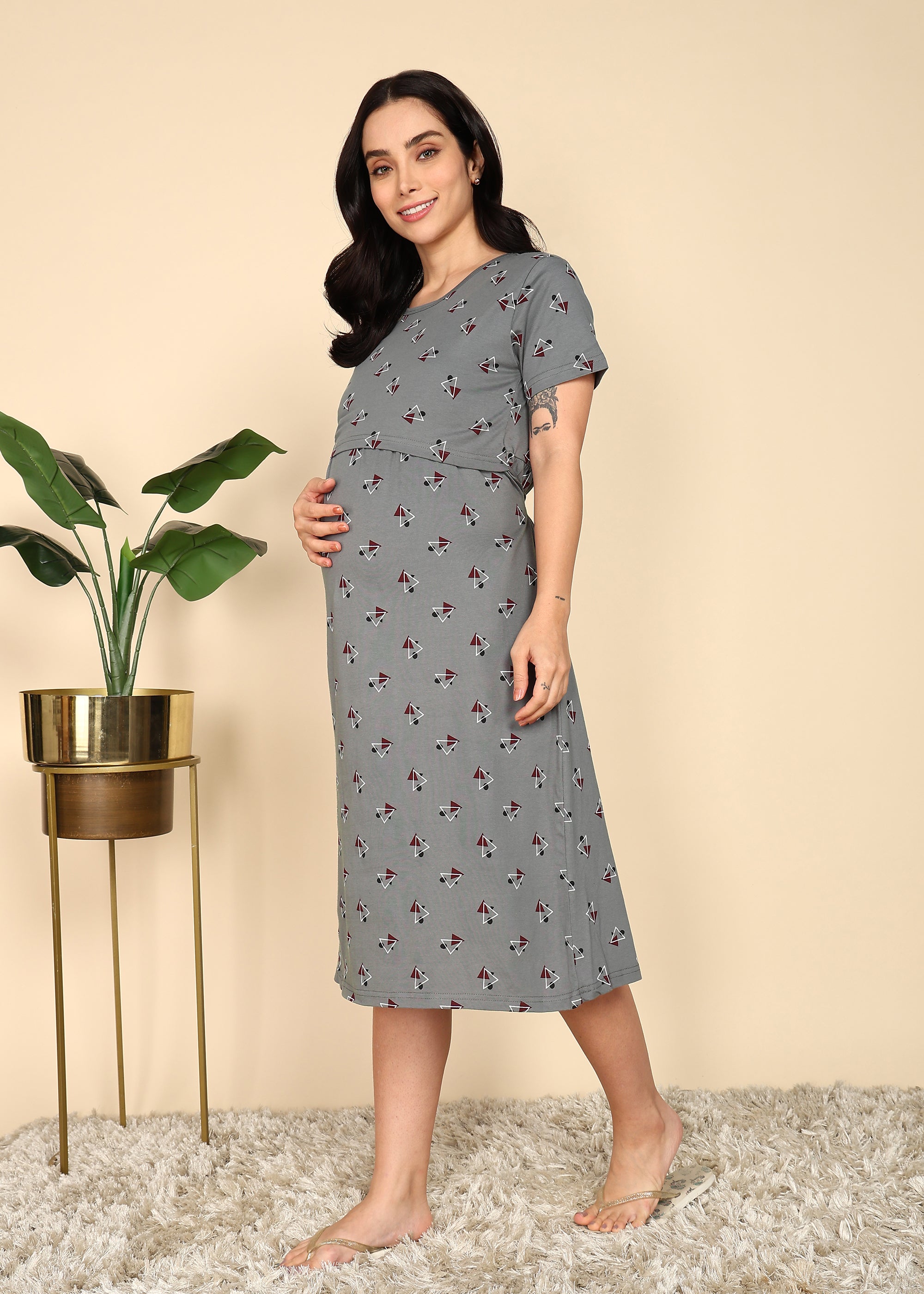 DarkGrey-KnittedCotton-Maternity-Loungewear-Dress