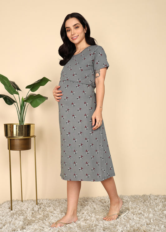 DarkGrey-KnittedCotton-Maternity-Loungewear-Dress