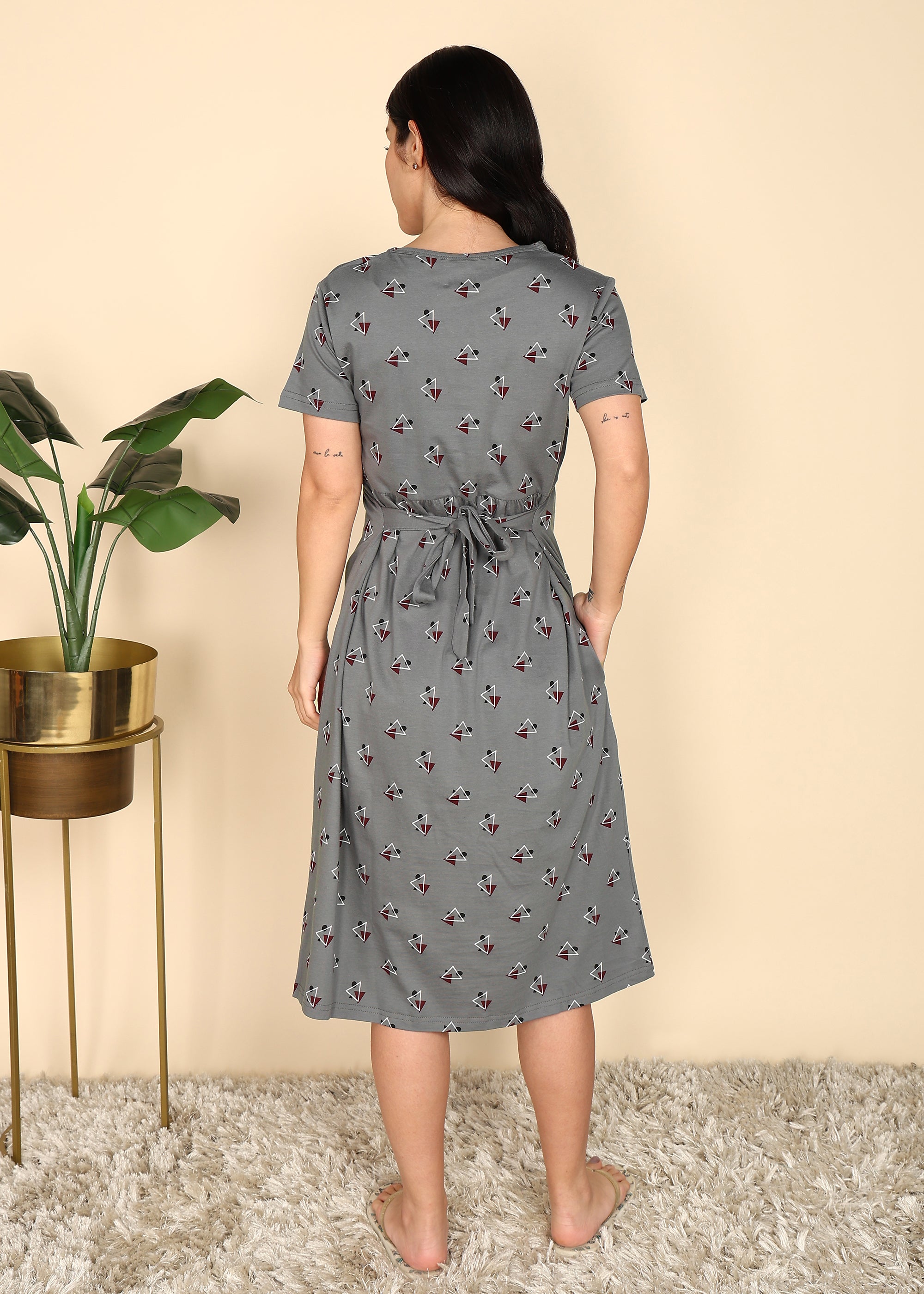 DarkGrey-KnittedCotton-Maternity-Loungewear-Dress