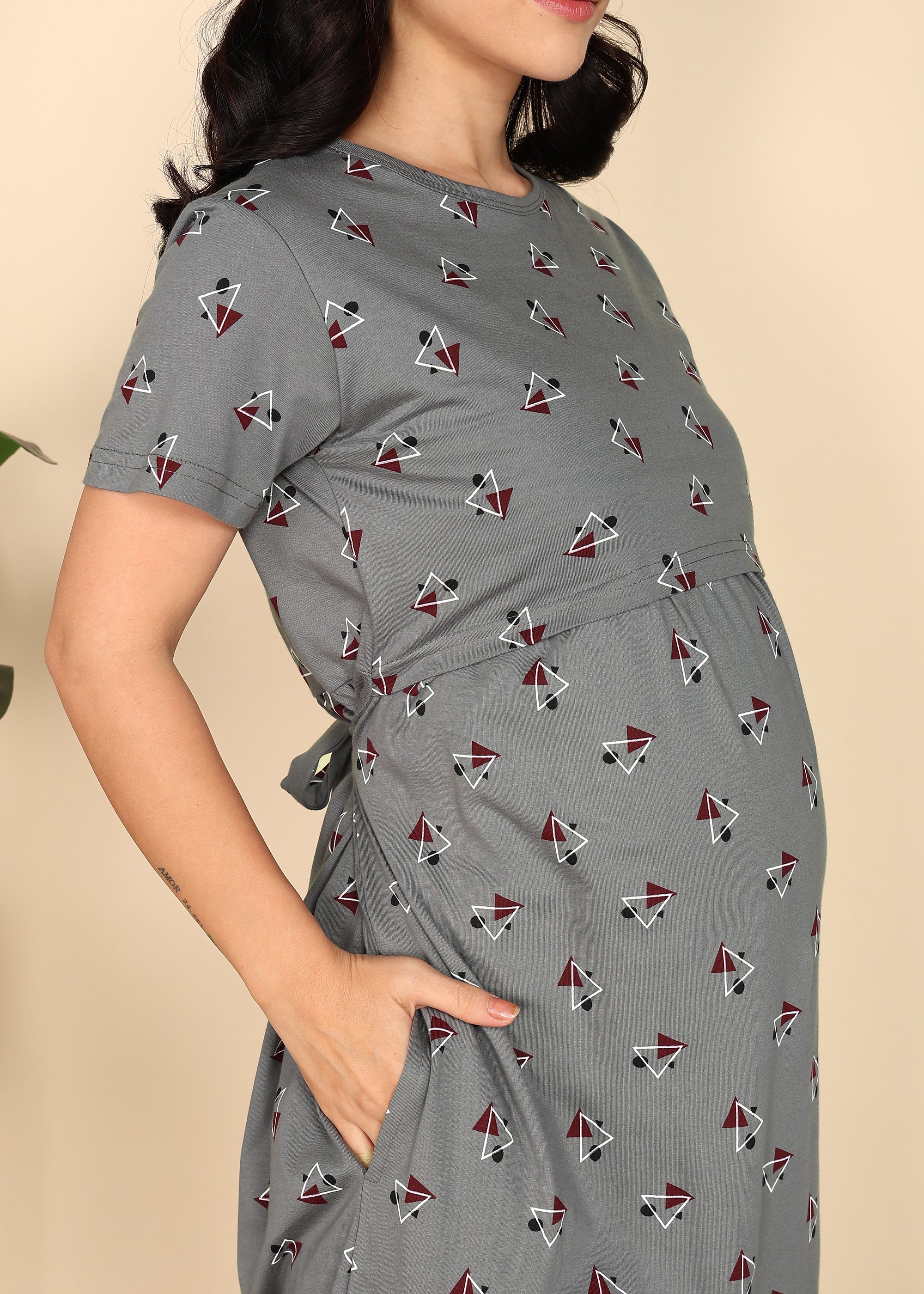 DarkGrey-KnittedCotton-Maternity-Loungewear-Dress