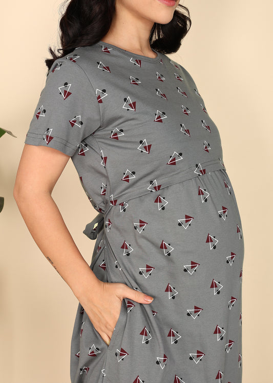 DarkGrey-KnittedCotton-Maternity-Loungewear-Dress