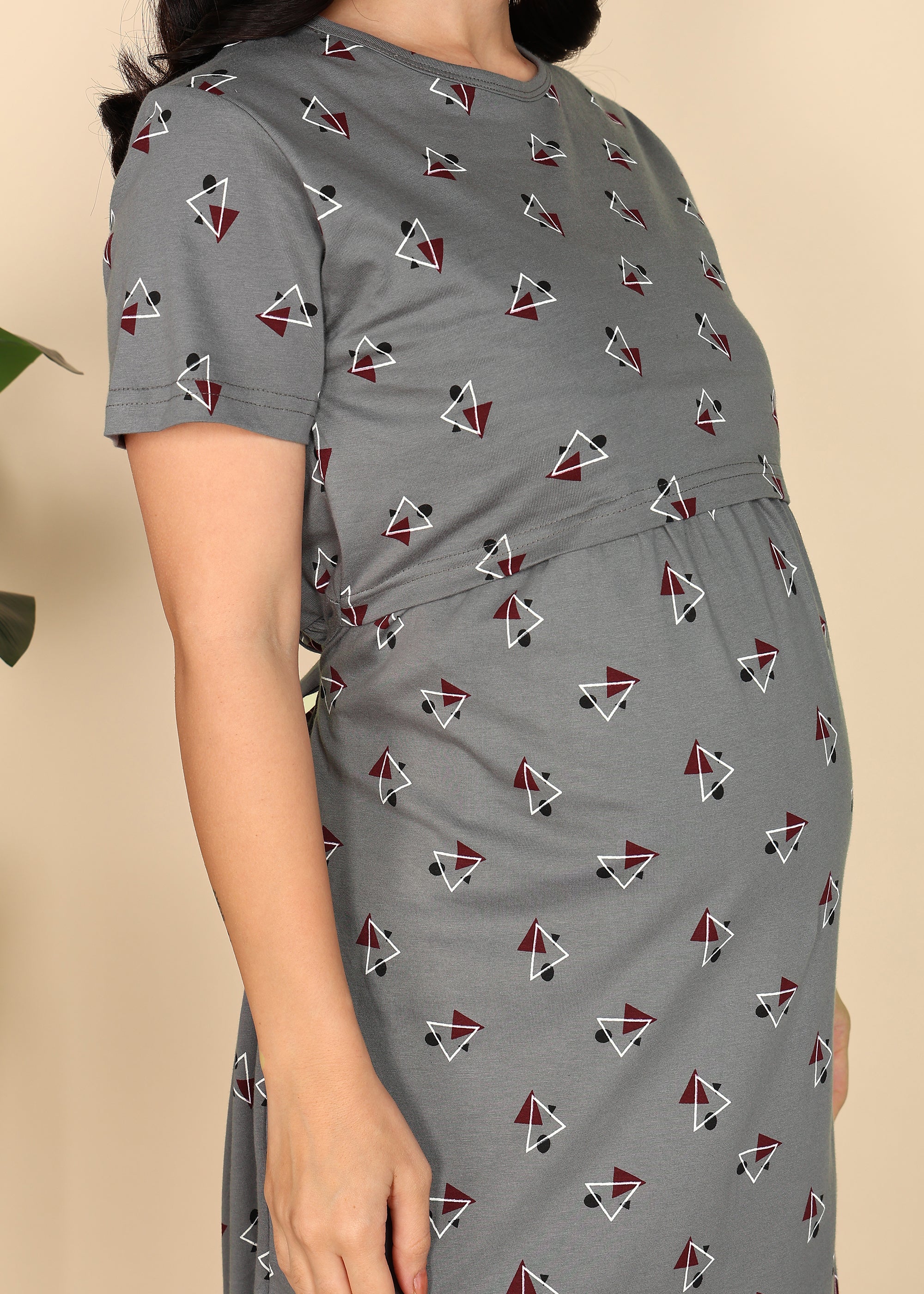 DarkGrey-KnittedCotton-Maternity-Loungewear-Dress
