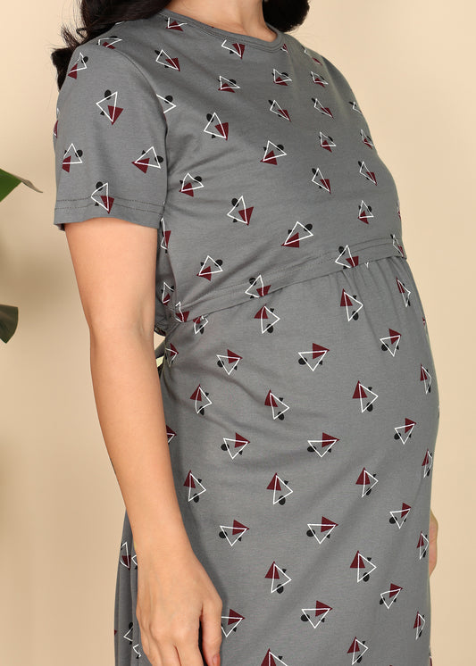 DarkGrey-KnittedCotton-Maternity-Loungewear-Dress