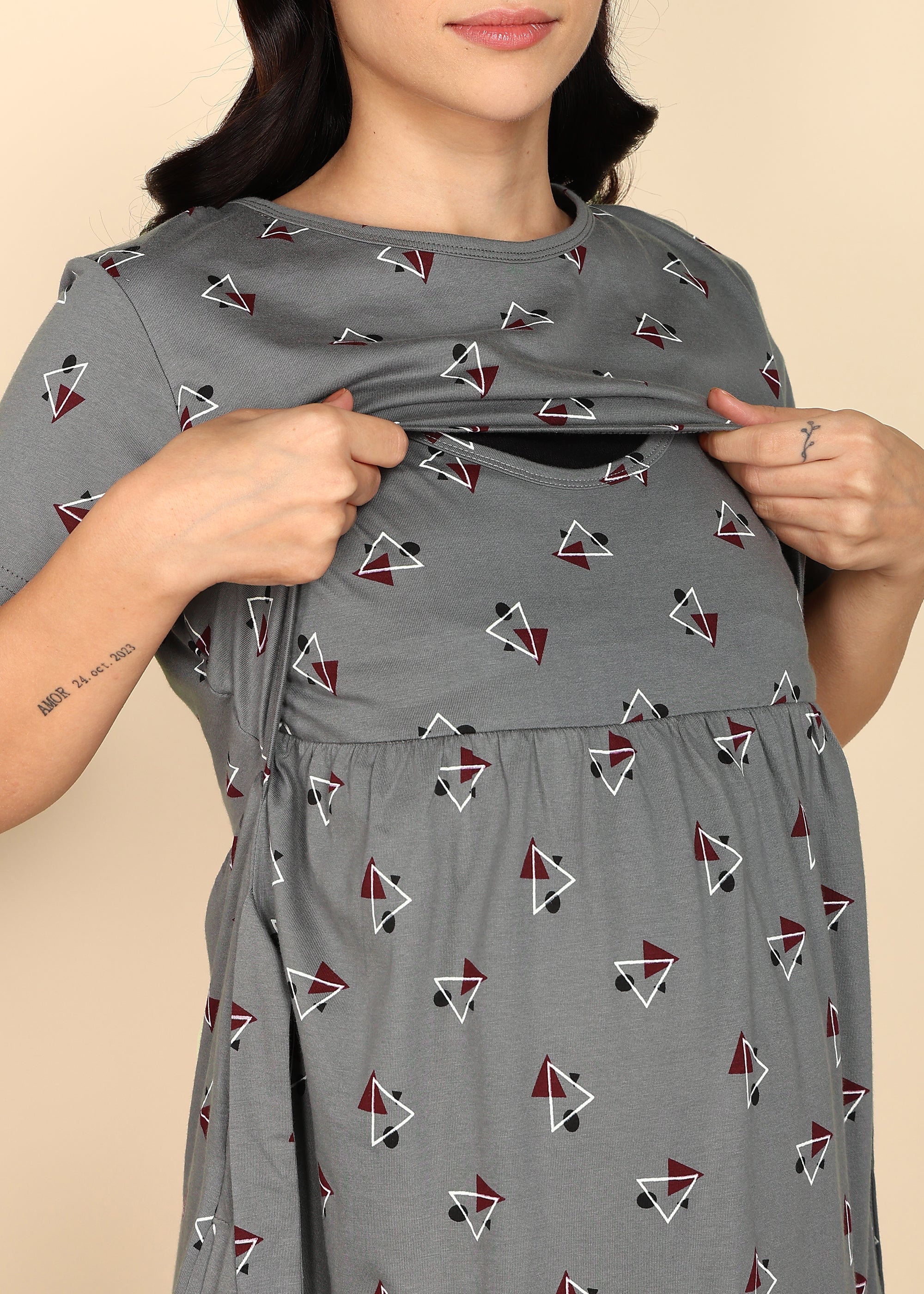 DarkGrey-KnittedCotton-Maternity-Loungewear-Dress