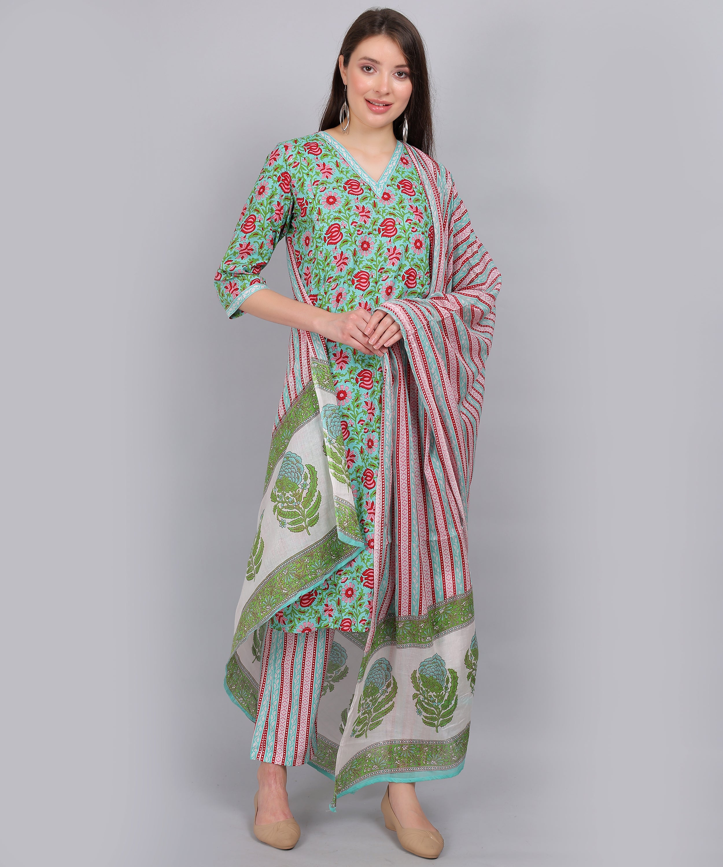 Green-Floral-PureCotton-Straight-Feeding-KurtaSet-Dupatta
