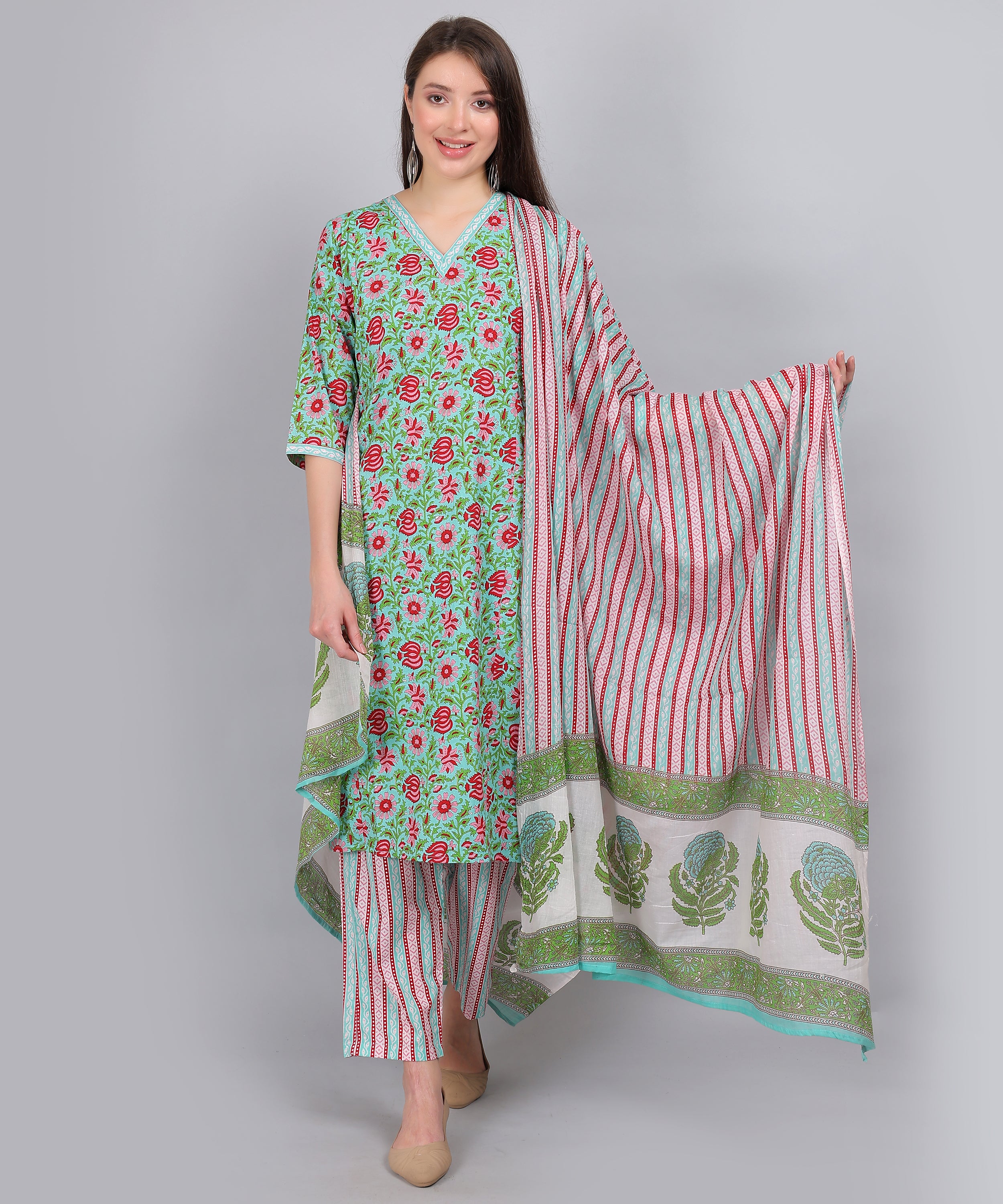 Green-Floral-PureCotton-Straight-Feeding-KurtaSet-Dupatta