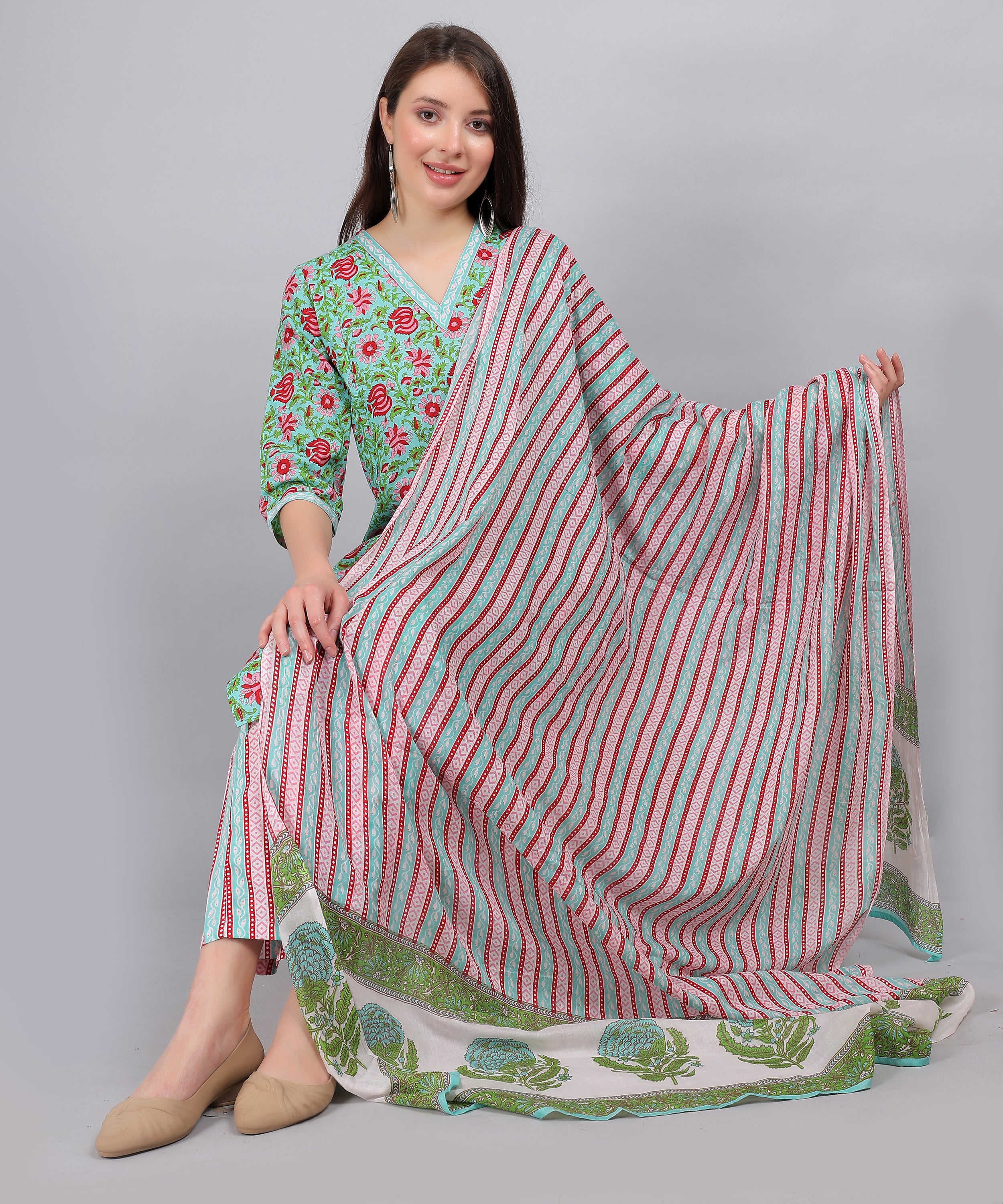 Green-Floral-PureCotton-Straight-Feeding-KurtaSet-Dupatta
