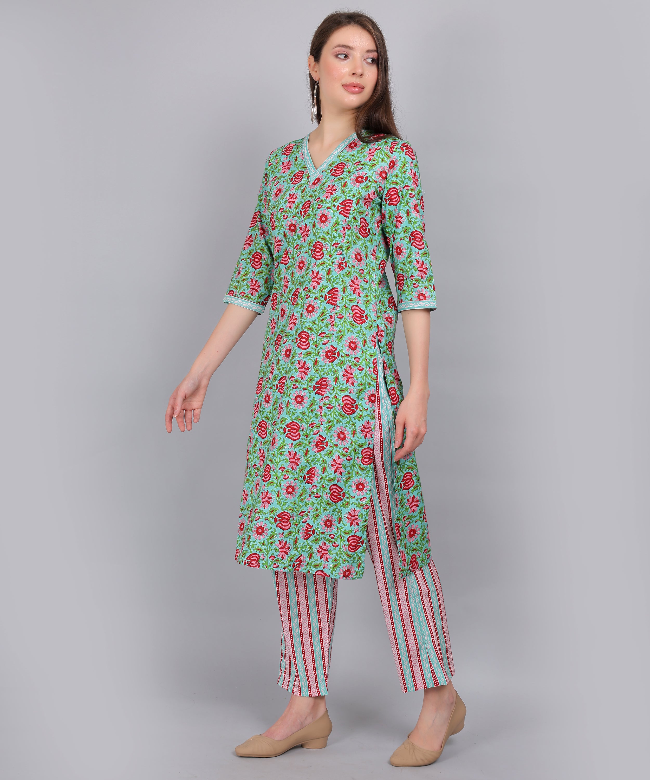 Green-Floral-PureCotton-Straight-Feeding-KurtaSet-Dupatta