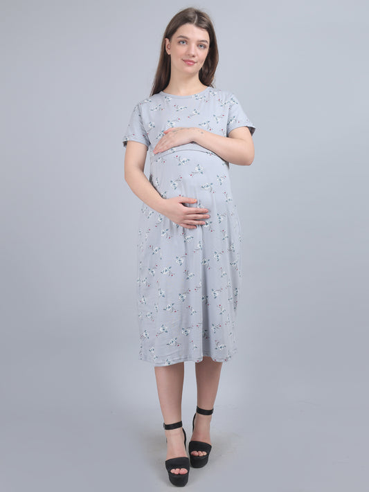 Grey-KnittedCotton-Maternity-Loungewear-Dress