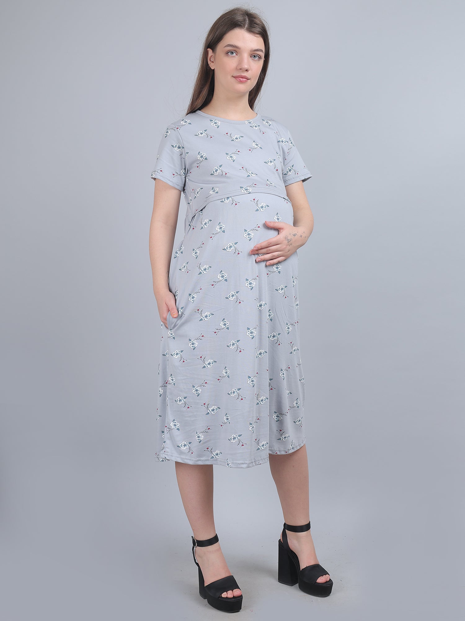 Grey-KnittedCotton-Maternity-Loungewear-Dress