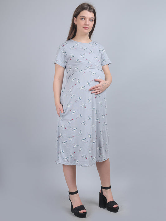 Grey-KnittedCotton-Maternity-Loungewear-Dress