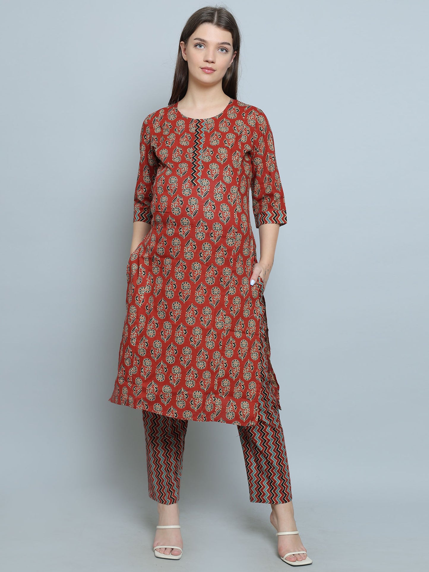 Straight Feeding Kurta Set | Pure Cotton | Red