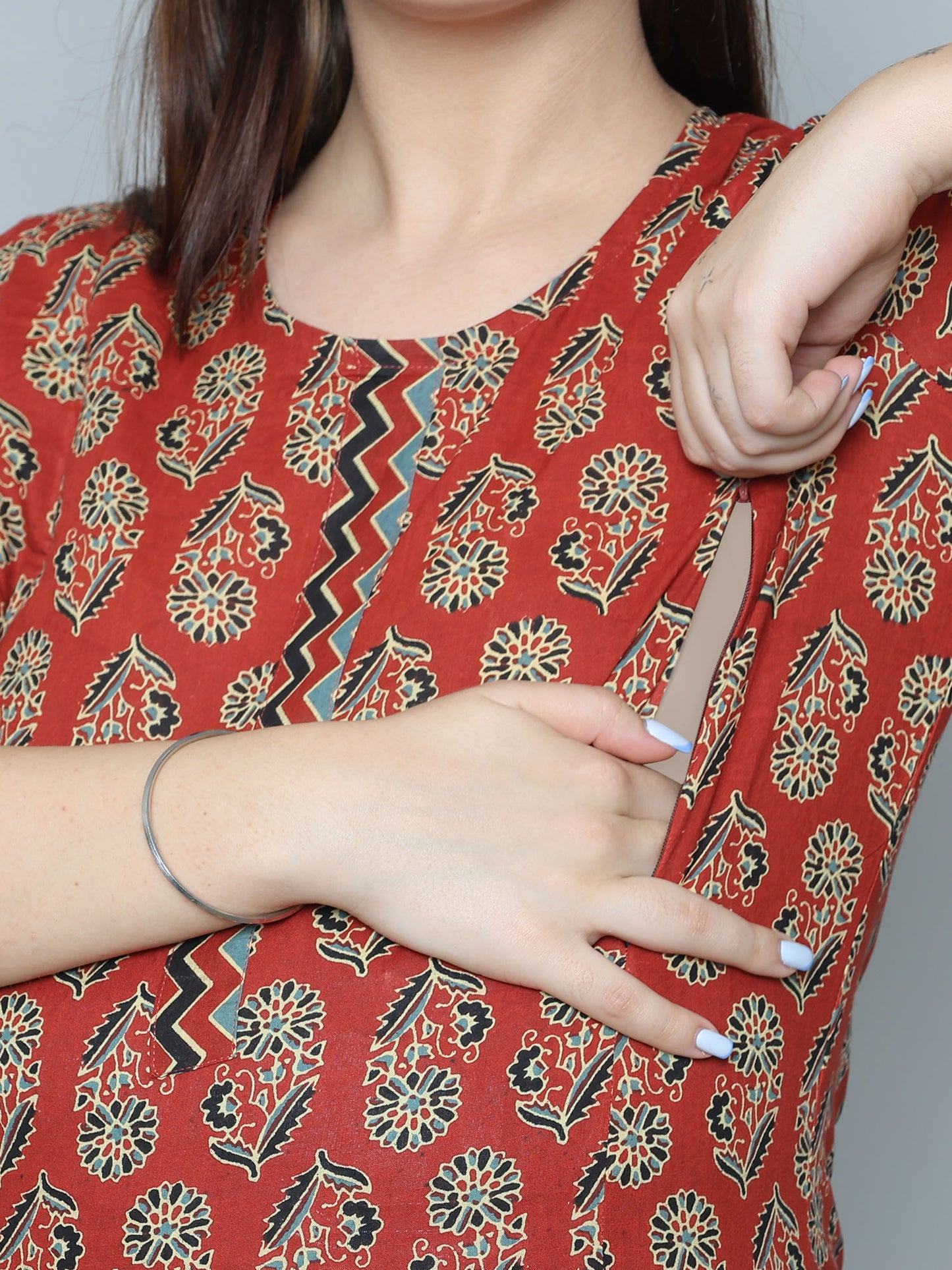 Straight Feeding Kurta Set | Pure Cotton | Red